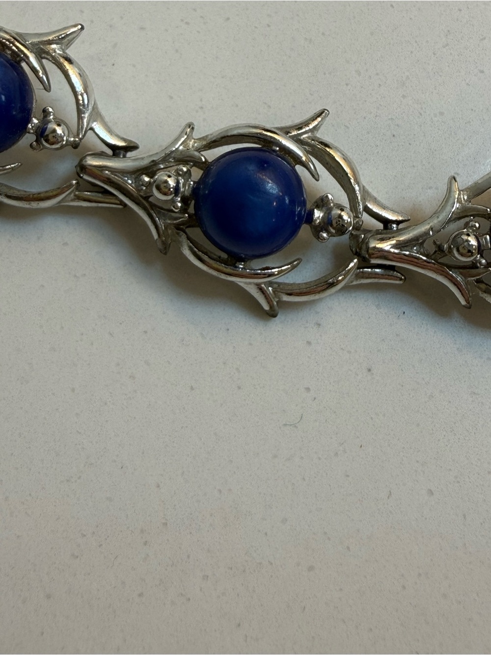 Vintage Blue Cabochon Statement Necklace – Thistle / Botanical Silver Tone - Picture 10 of 10